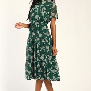 Lulus Floral Dressed Up Dark Green Floral Print Midi Dress